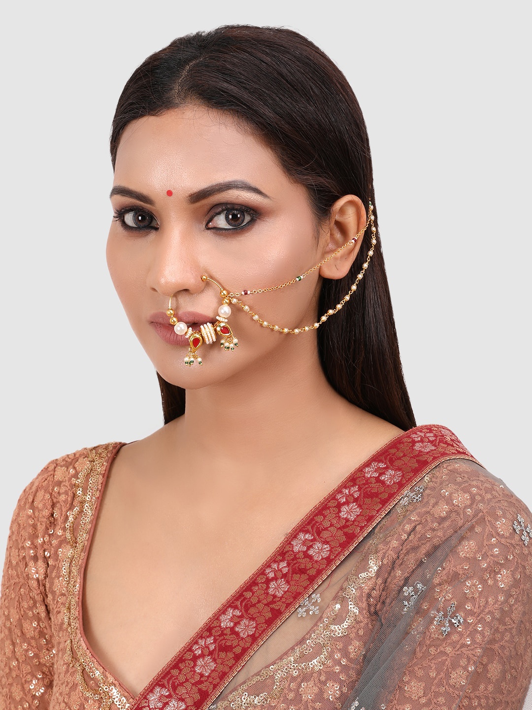 

PENNY JEWELS Gold-Toned & Beige Beaded Chained Gold-Plated Nose Ring