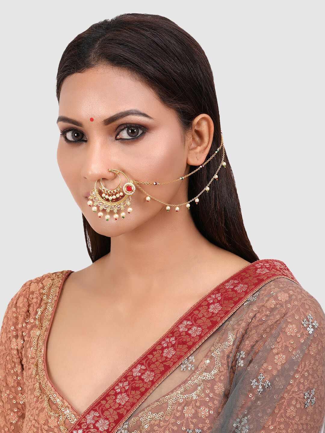 

PENNY JEWELS Gold-Plated Green & Red Kundan Stone-Studded & Beaded Handcrafted Vilandi Chained Nosering