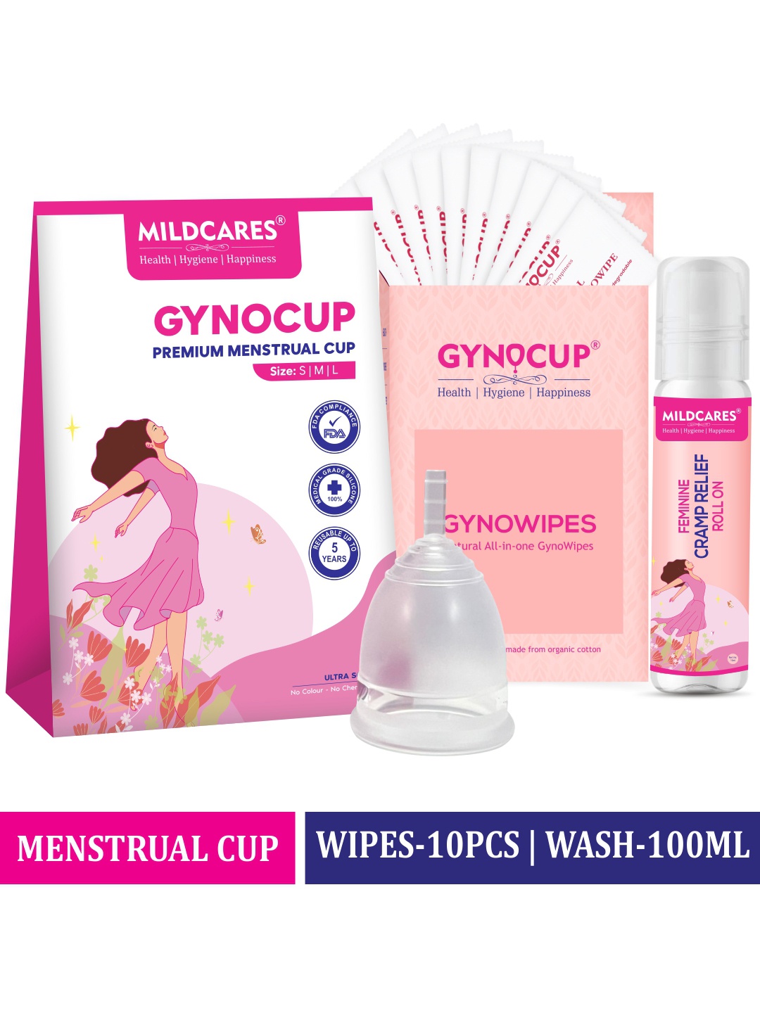 

GYNOCUP Menstrual Cup-Large Size With 10 Ultra Soft Wipes & Roll-On 10ml, Pink