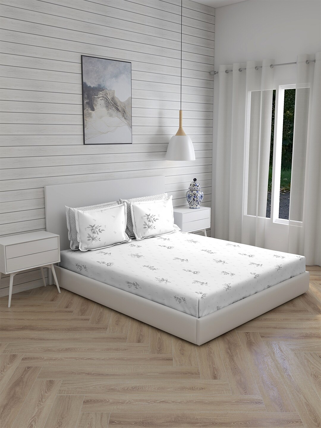 

Boutique Living India White & Grey Floral 300 TC King Bedsheet With Pillow Covers