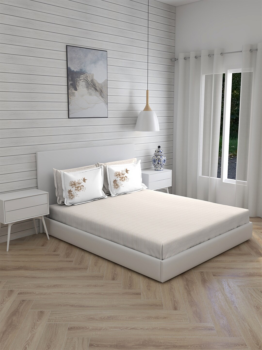 

Boutique Living India Beige & White Cotton 300 TC King Bedsheet with 4 Pillow Covers