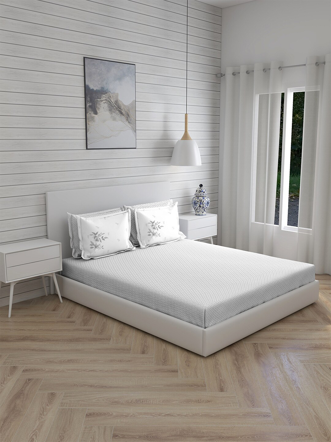 

Boutique Living India Grey & White Geometric 300 TC King Bedsheet with 4 Pillow Covers