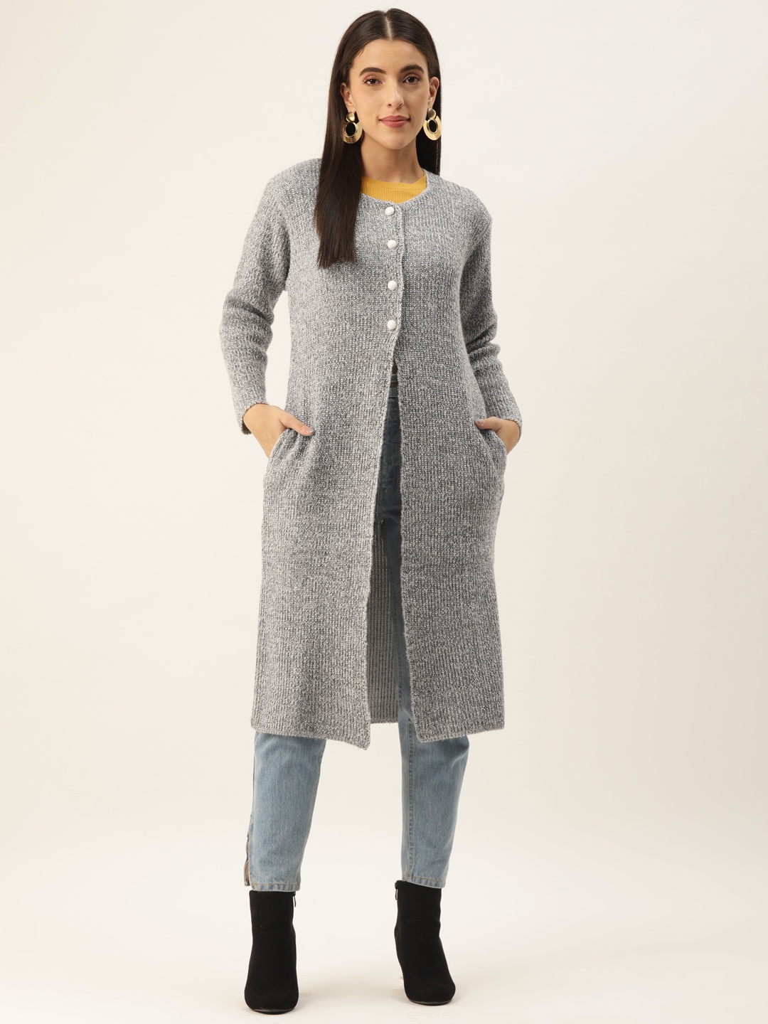 

BROOWL Women Grey Longline Cardigan