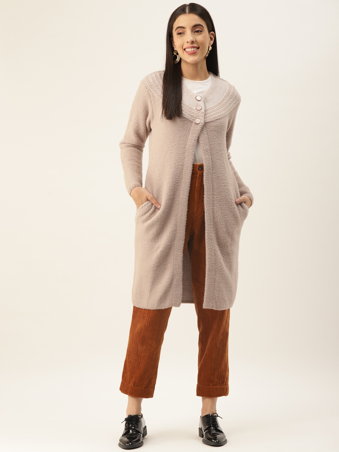 

BROOWL Women Nude-Coloured Longline Cardigan
