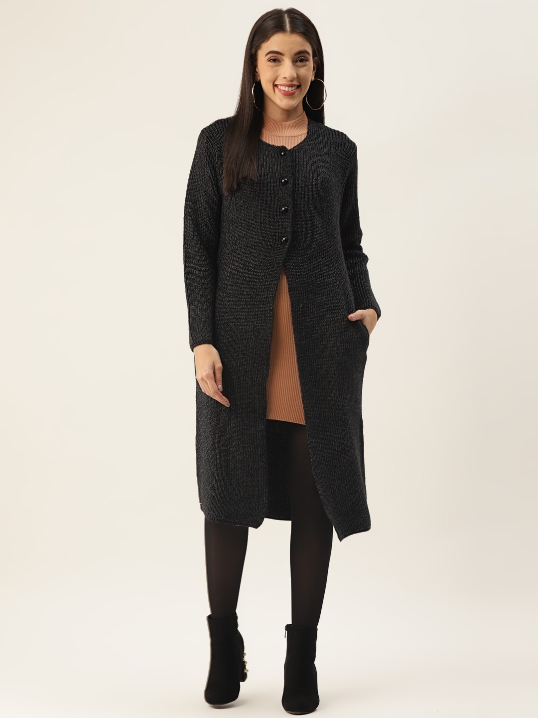 

BROOWL Women Black Longline Cardigan