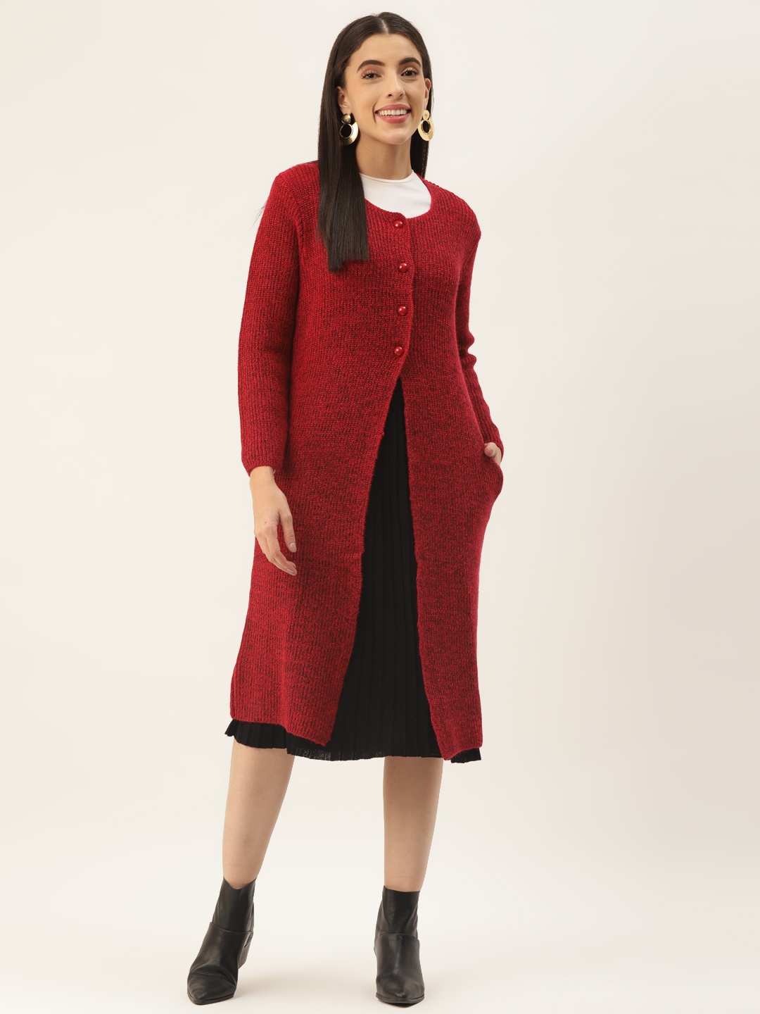 

BROOWL Women Red Longline Cardigan