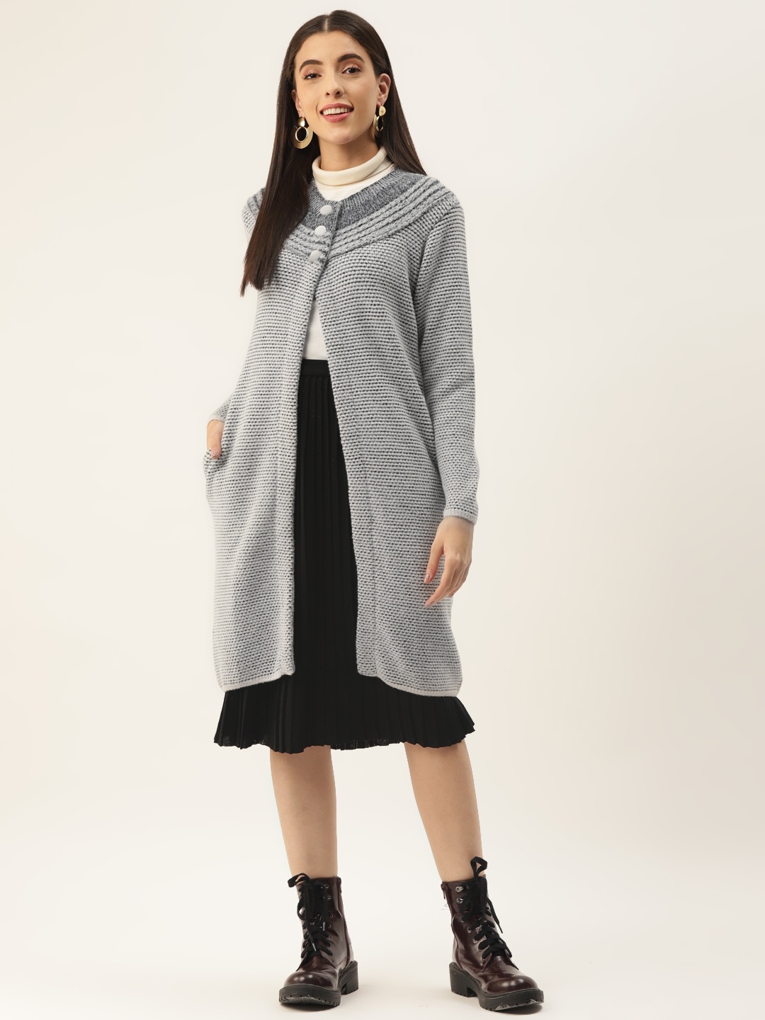 

BROOWL Women Grey Longline Cardigan
