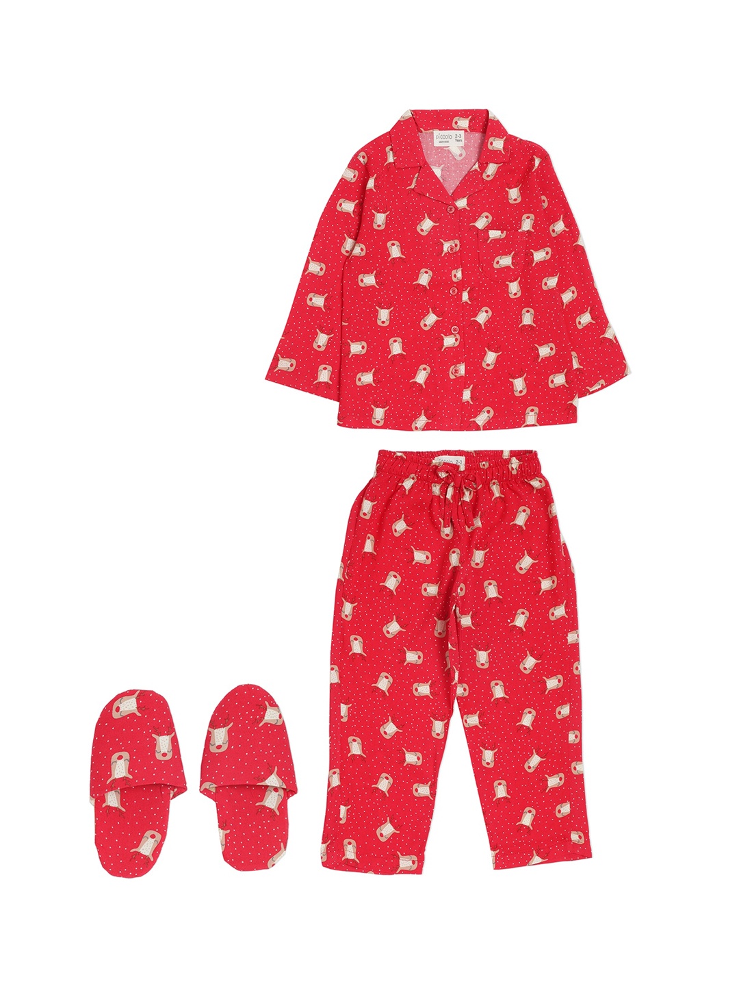 

PICCOLO Girls Red & Beige Printed Night suit