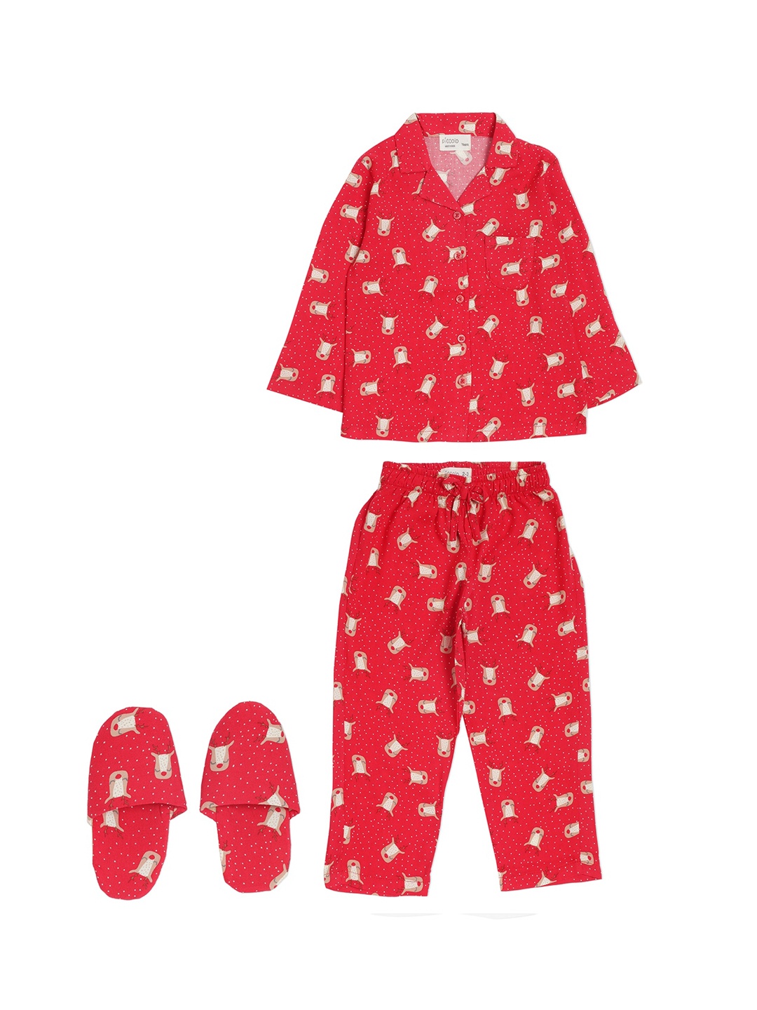 

PICCOLO Girls Red & Beige Printed Night Suit With Slippers PSW-140-Red