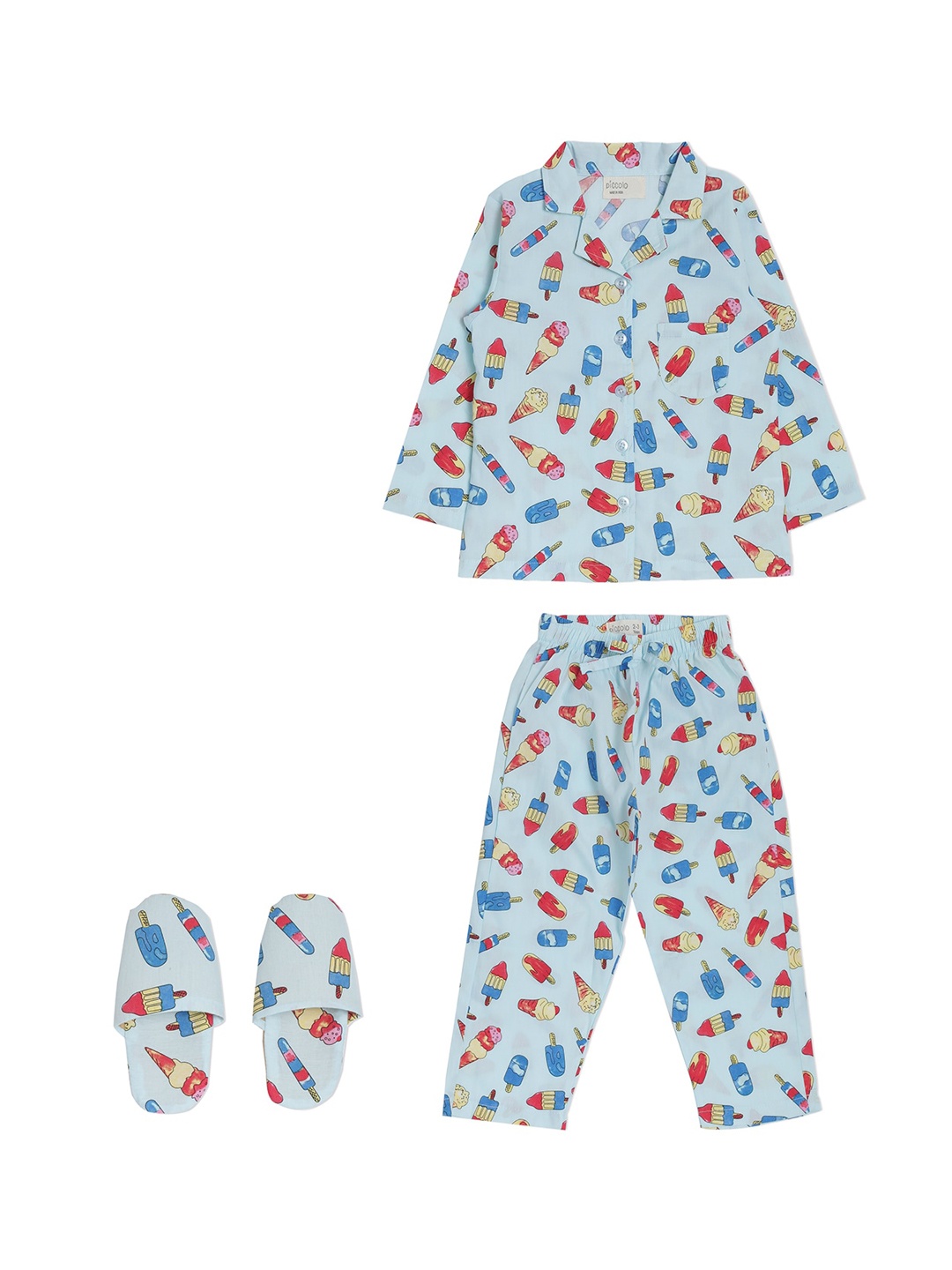 

PICCOLO Girls Blue & Red Printed Night suit With Slippers