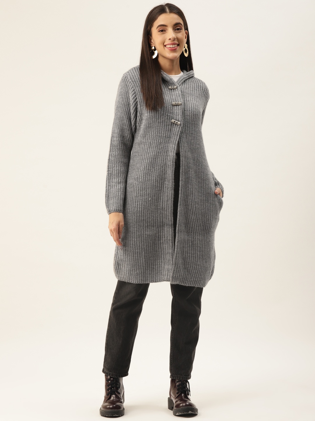 

BROOWL Women Grey Longline Front-Open