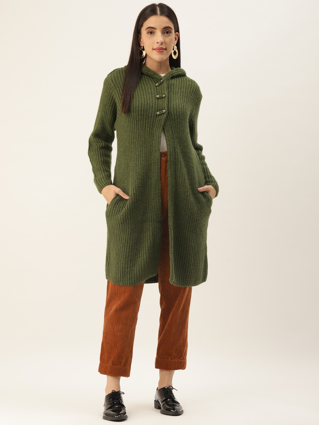 

BROOWL Women Olive Green Longline Pullover