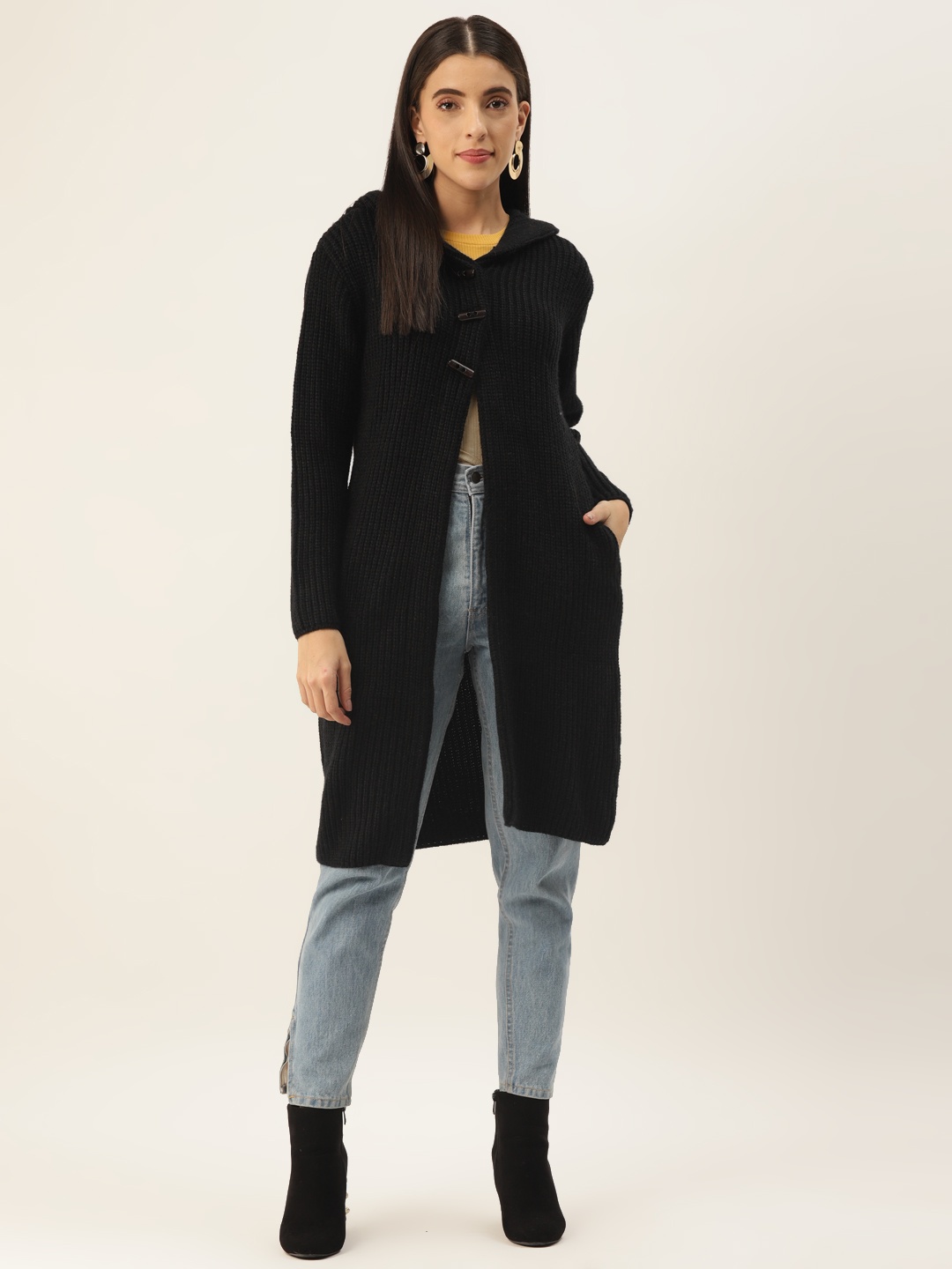 

BROOWL Women Black Hooded Longline Pullover
