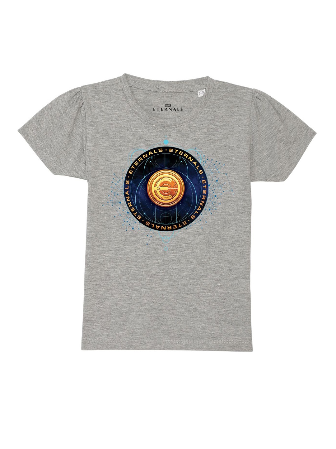 

Marvel by Wear Your Mind Girls Grey Melange Printed Puff Sleeves Pure Cotton T-shirt