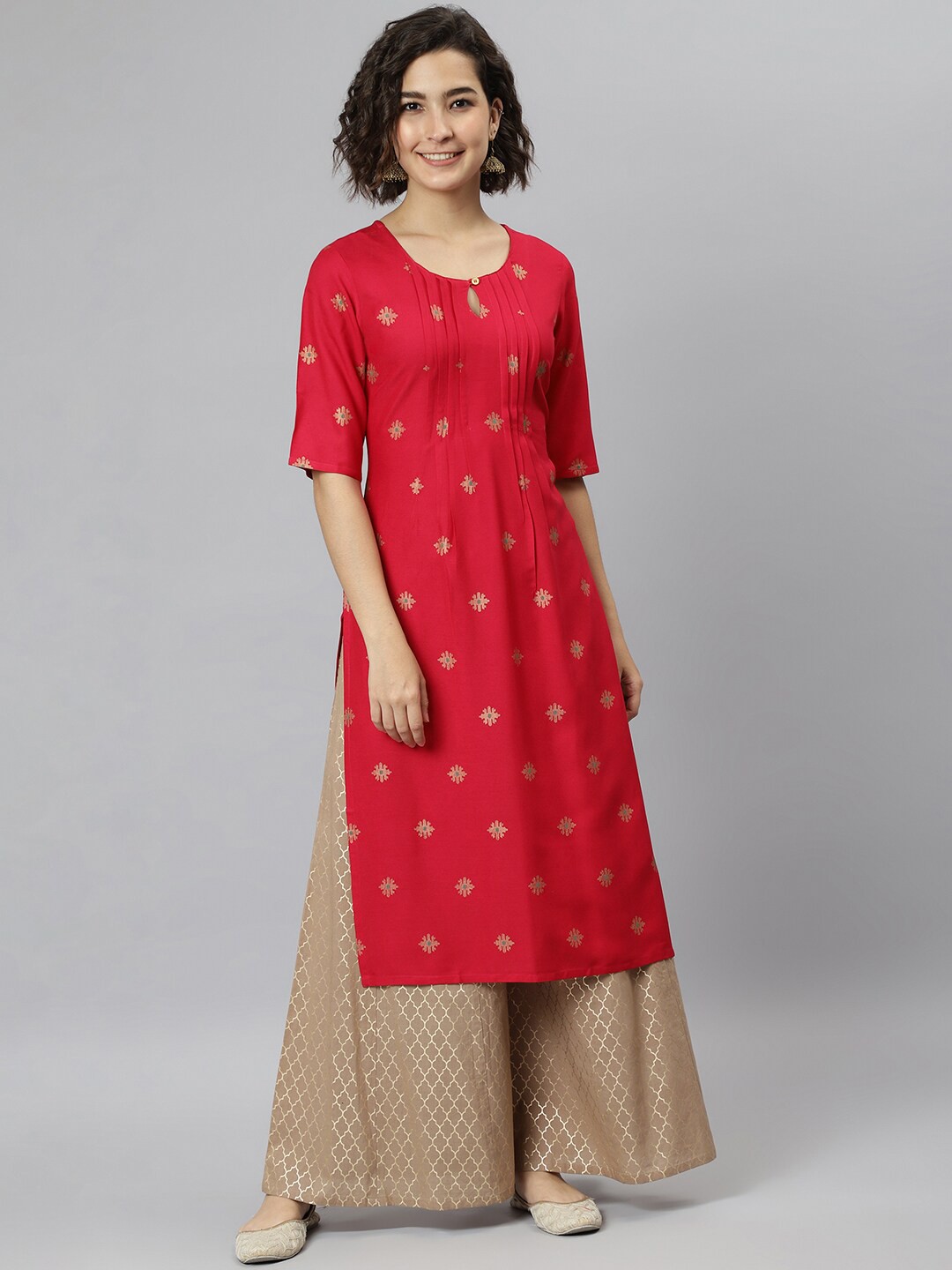 

Janasya Women Pink Geometric Embellished Mirror Work Kurta
