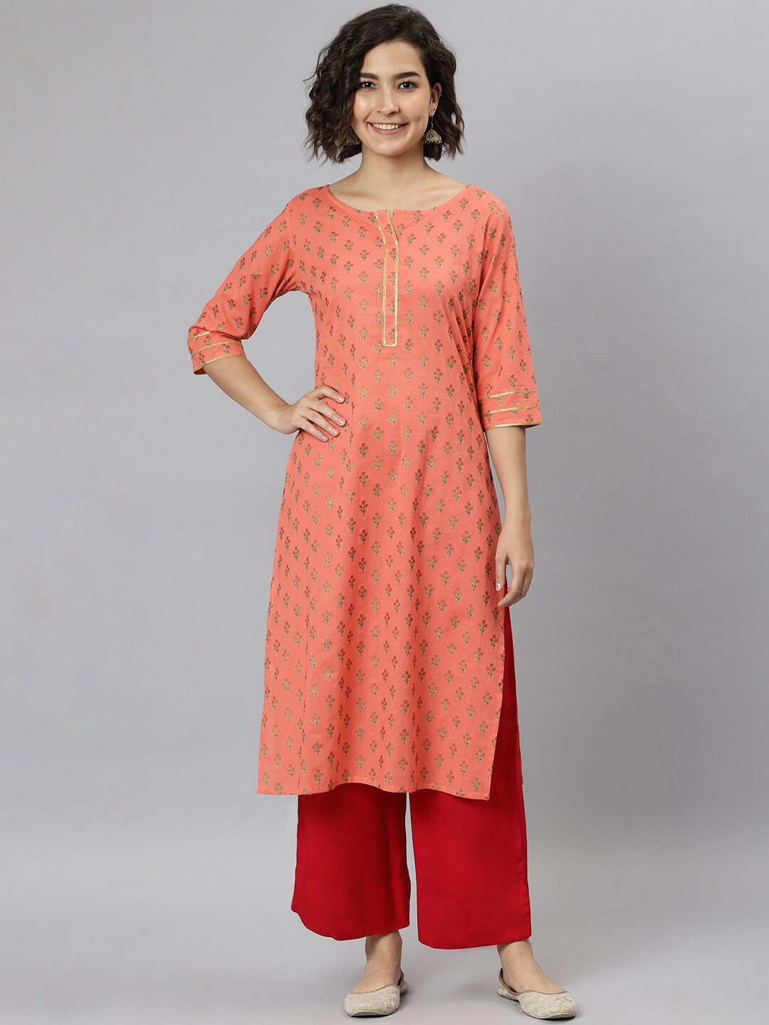 Janasya Women Coral Paisley Thread Work Kurta
