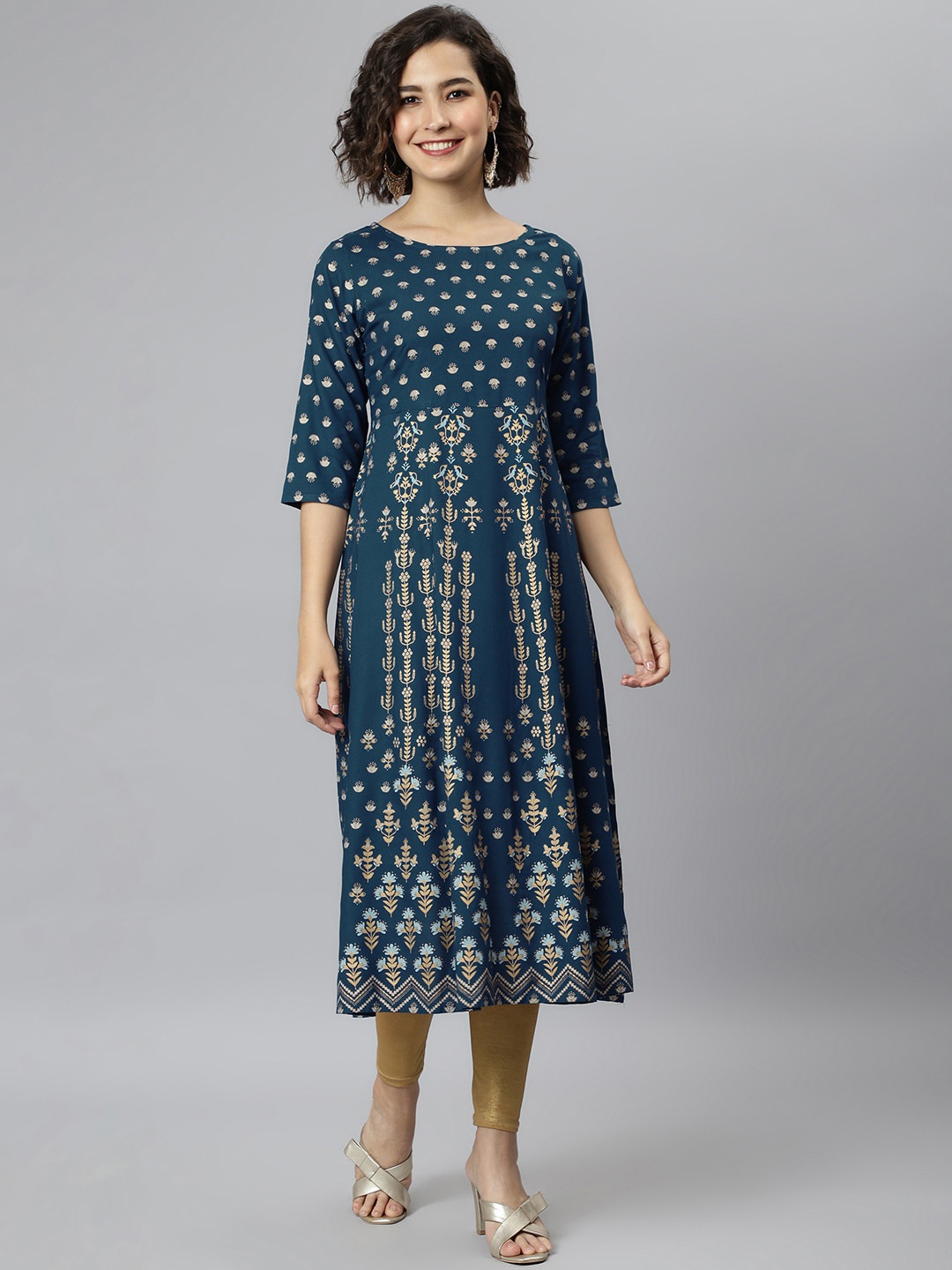 

Janasya Women Blue Geometric Printed Anarkali Kurta