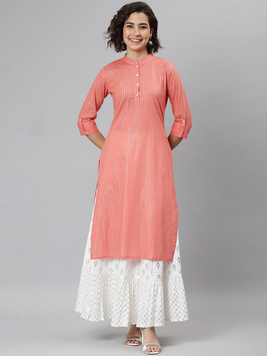 

Janasya Women Peach-Coloured Thread Work Cotton Kurta
