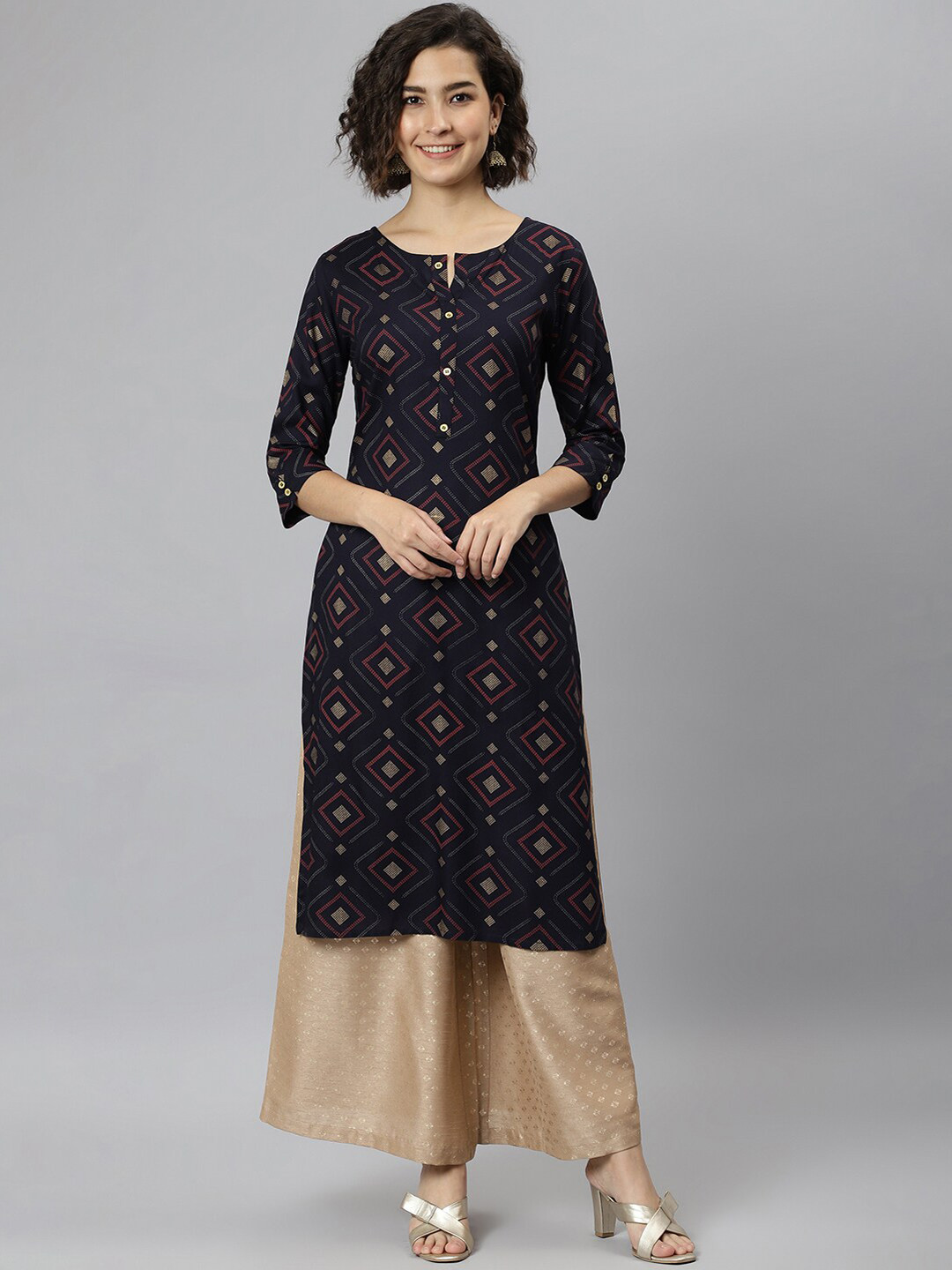 

Janasya Women Navy Blue & Red Geometric Printed Kurta