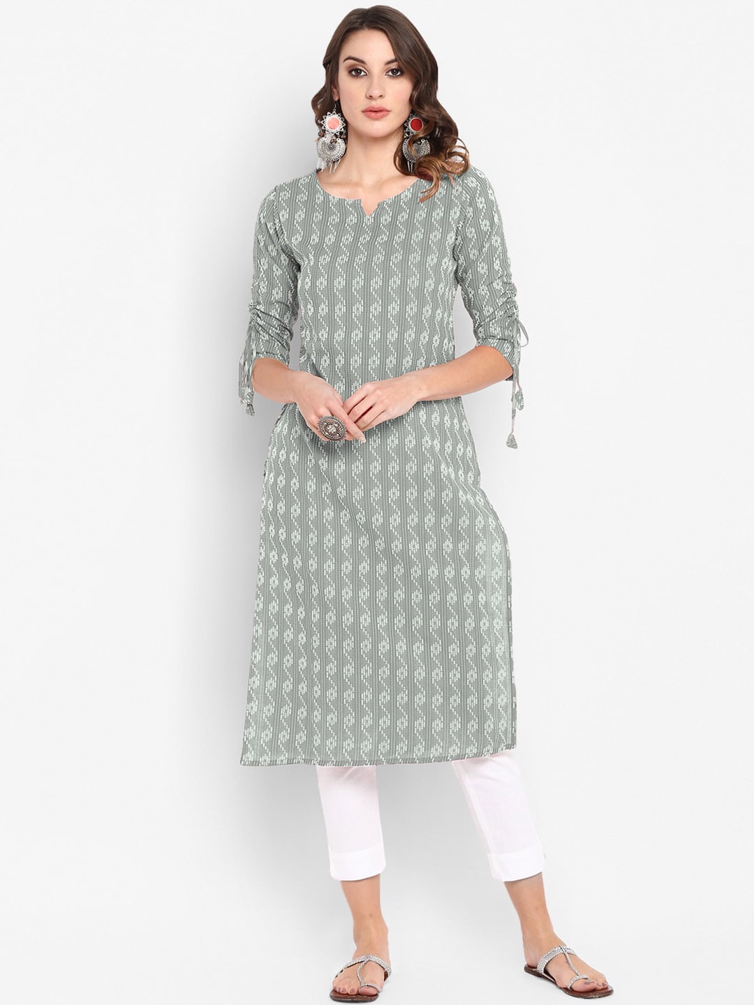 

Janasya Women Grey Geometric Printed Cotton Kurta
