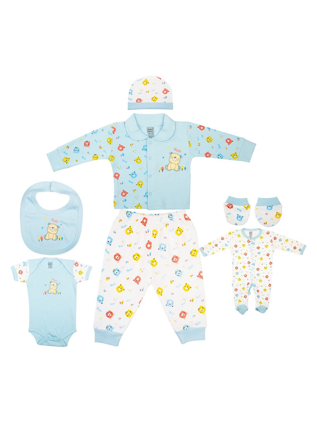 

MeeMee Unisex Kids Pack Of 7 Blue & White Pure Cotton Apparel Gift Set