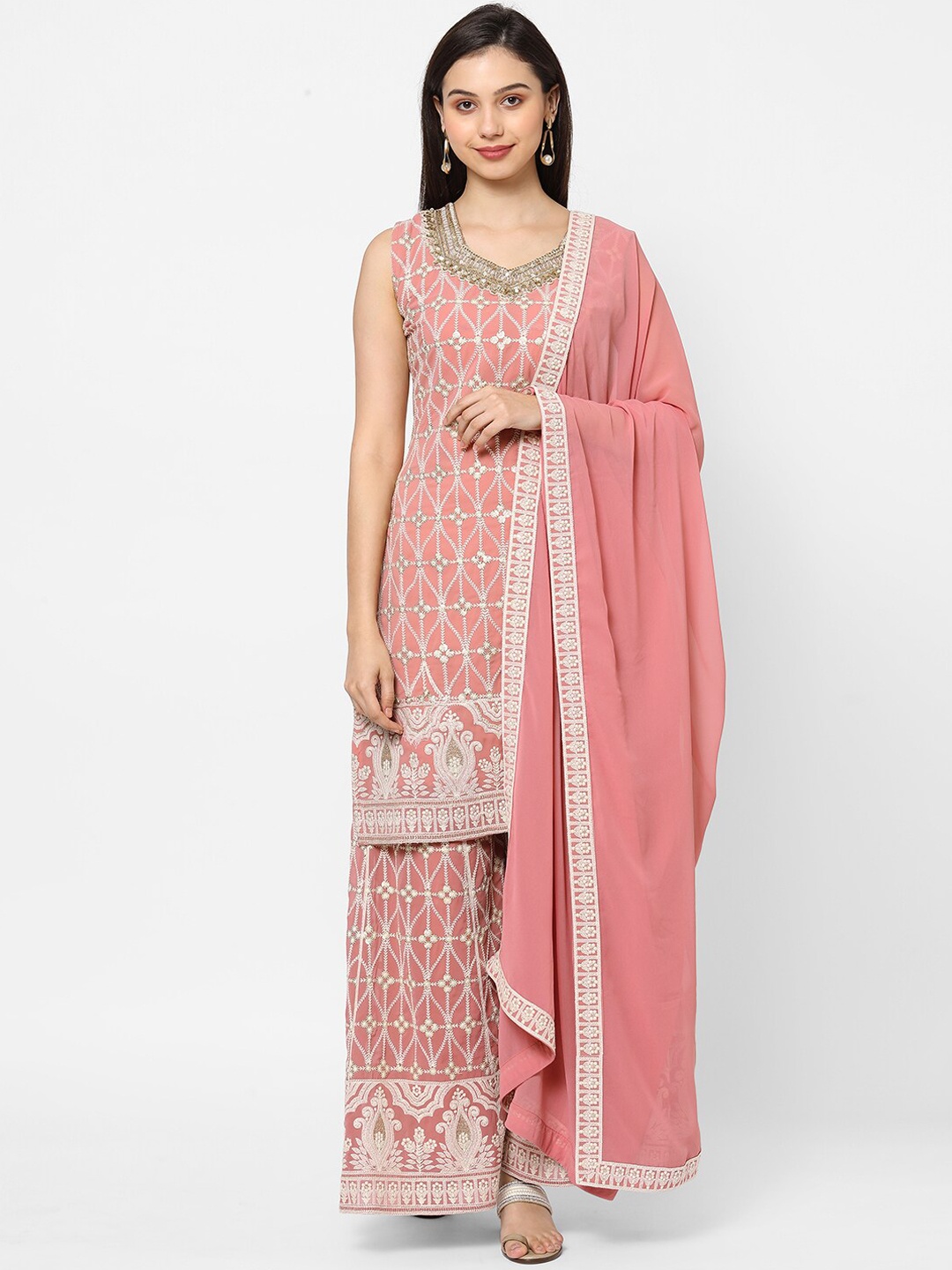 

RedRound Women Pink Ethnic Motifs Embroidered Regular Sequinned Kurta with Sharara & With Dupatta