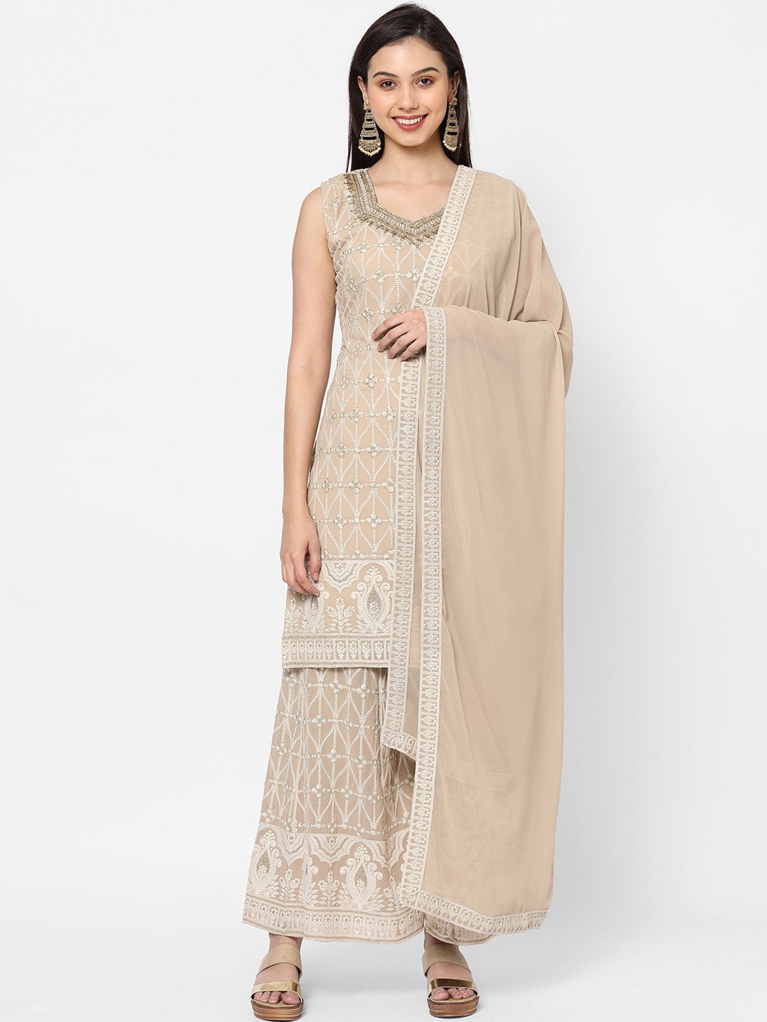 

RedRound Women Beige Embroidered Poly Georgette Kurta with Sharara & Dupatta
