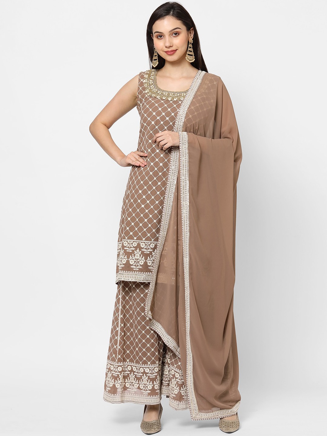 

RedRound Women Brown Ethnic Motifs Regular Thread Work Kurti with Palazzos & With Dupatta