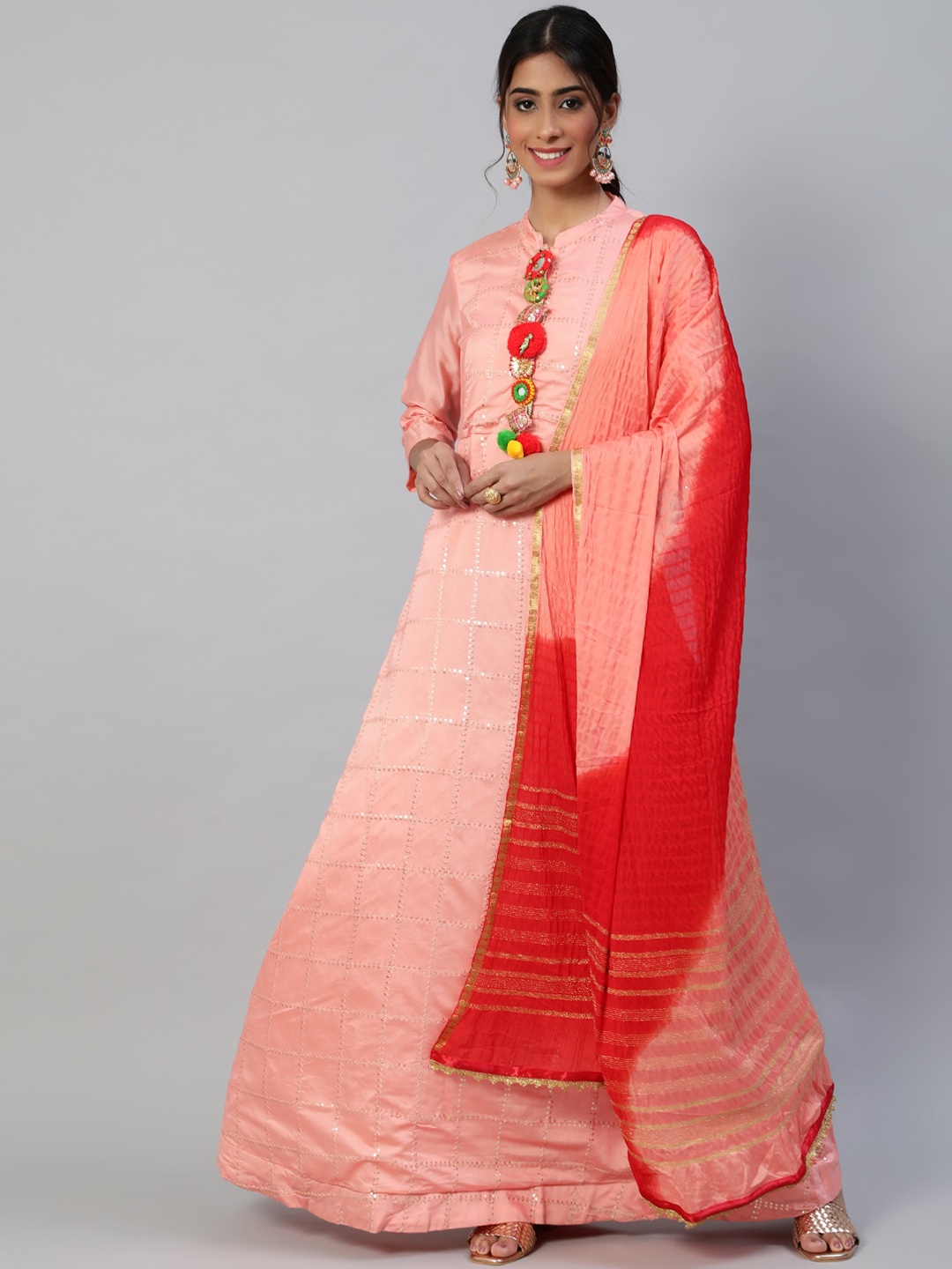 Ishin Women Pink Floral Dyed Flared Sleeves Thread Work Pastels Chanderi Silk Chanderi Silk Kurta