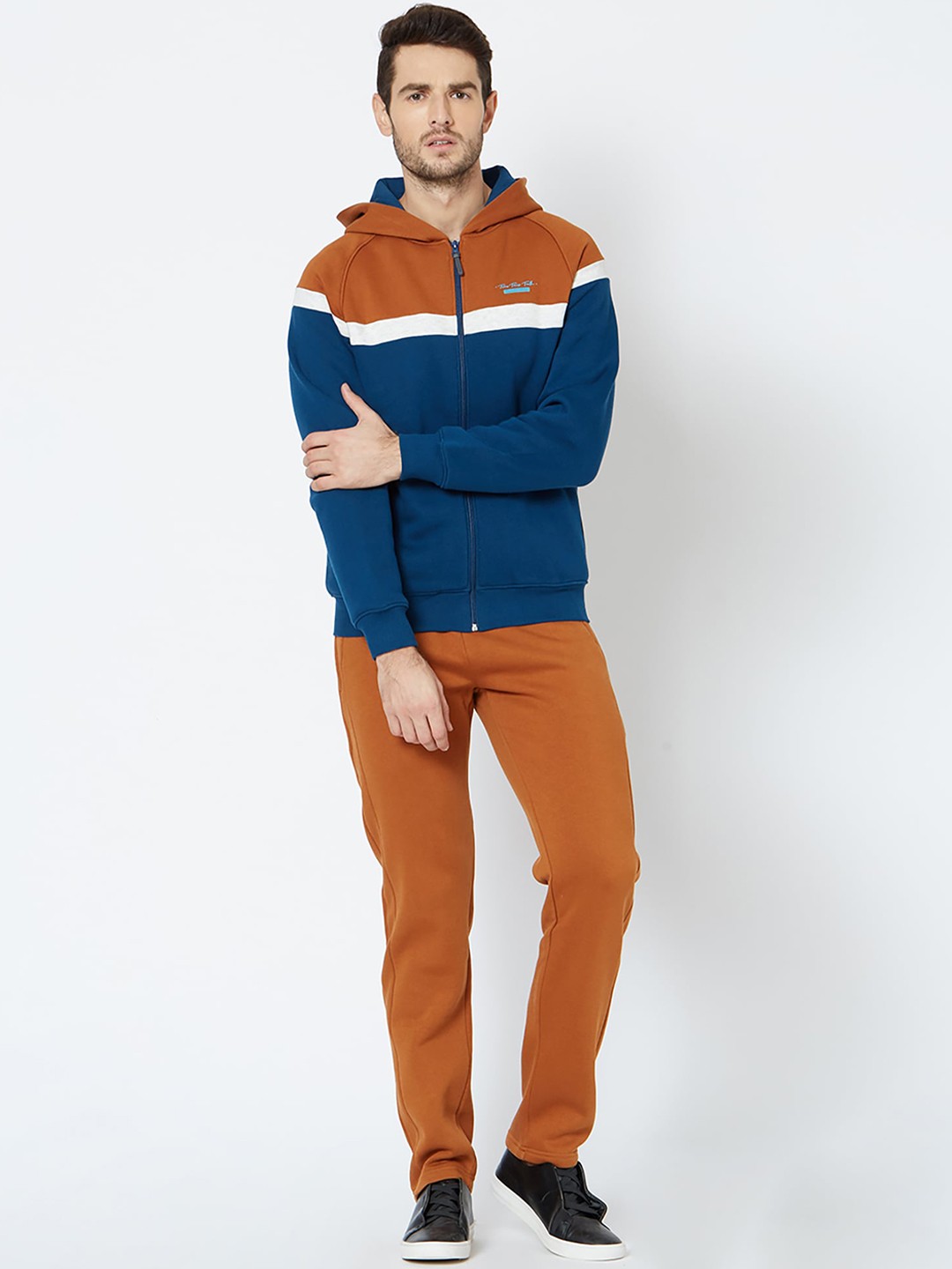 Sweet Dreams Men Brown & Blue Fleece Colourblocked Tracksuit