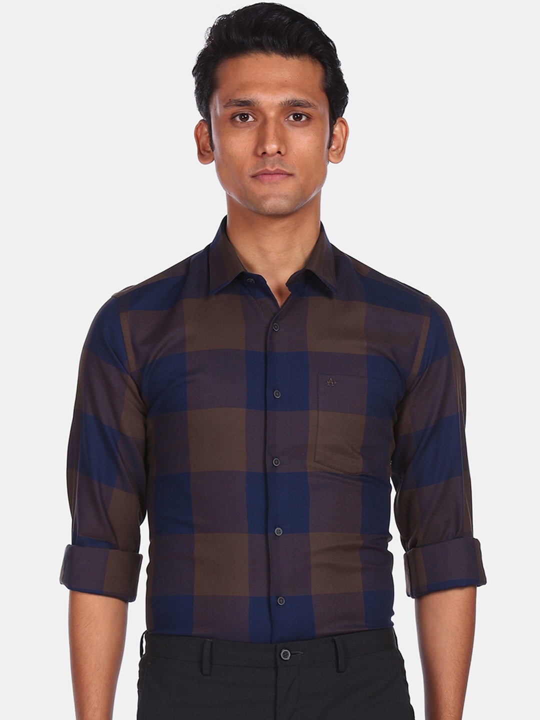 

Arrow New York Men Navy Blue & Brown Slim Fit Opaque Checked Pure Cotton Casual Shirt