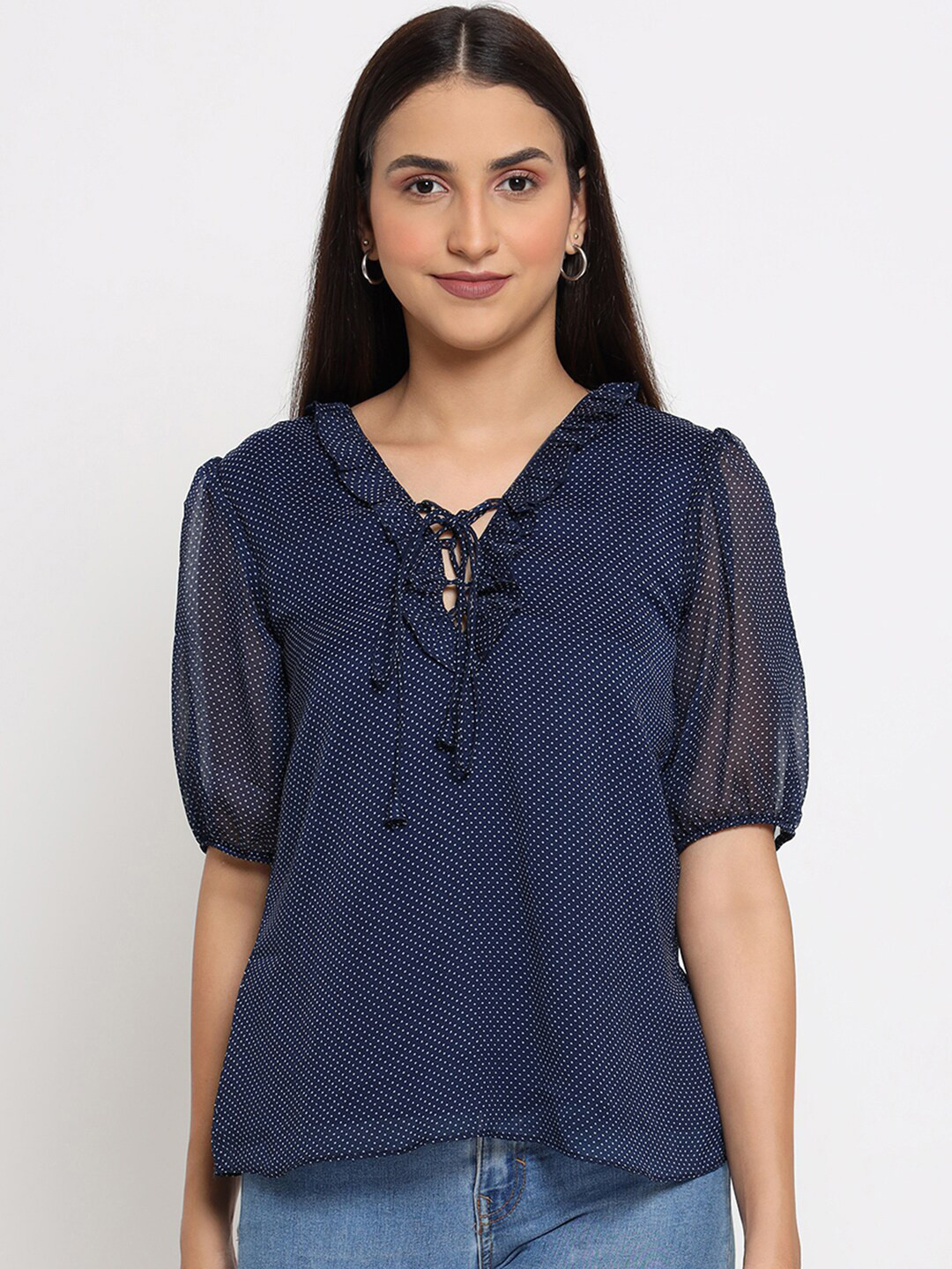 

MARC LOUIS Blue Geometric Tie-Up Neck Chiffon Regular Top