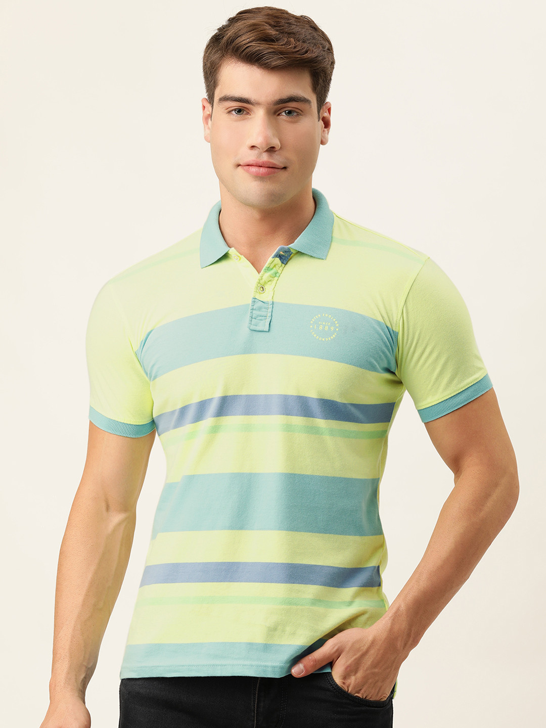 

Peter England Men Mint Green & Blue Striped Polo Collar Pure Cotton Slim Fit T-shirt