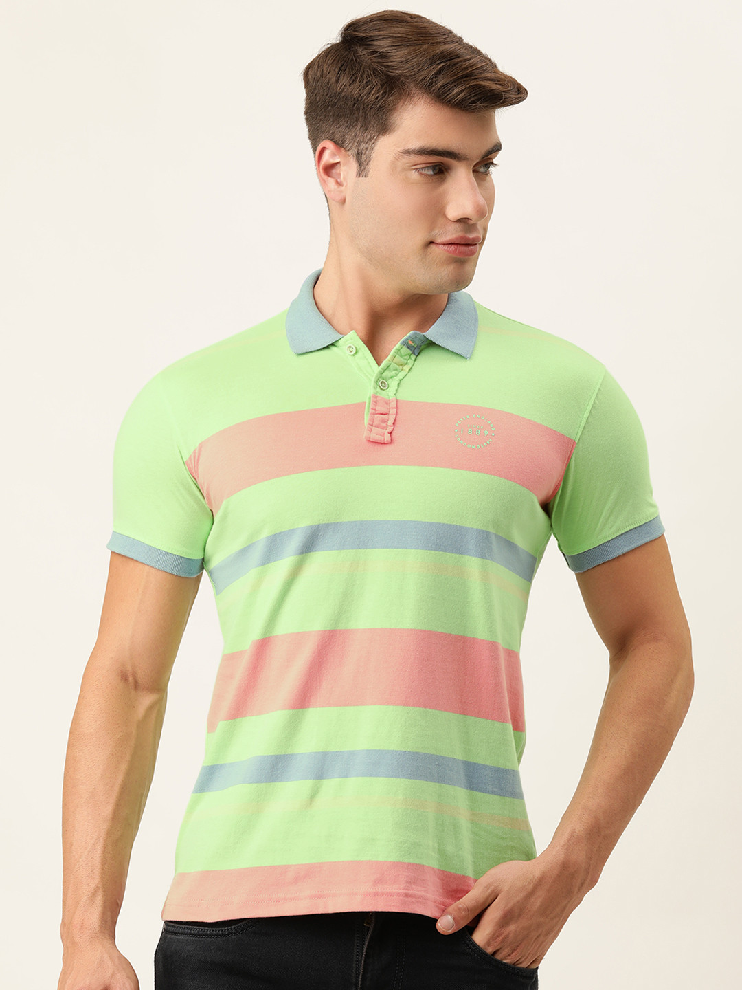 

Peter England Men Mint Green & Pink Striped Polo Collar Pure Cotton Slim Fit T-shirt