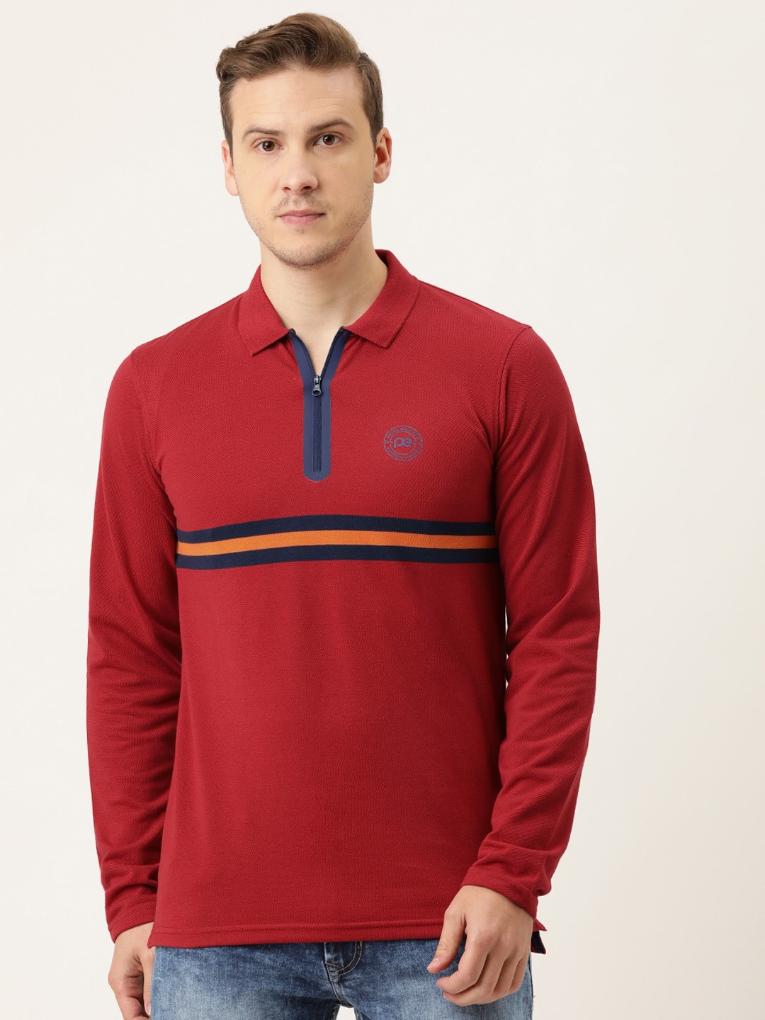 

Peter England Men Red Striped Polo Collar with Zip T-shirt