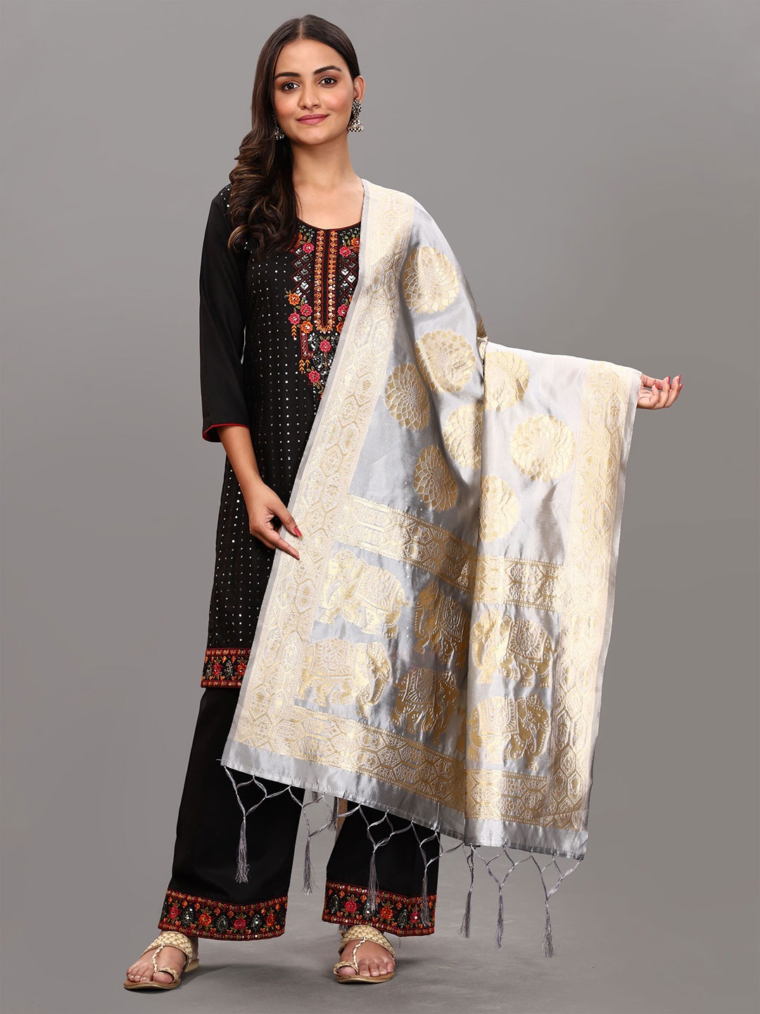 

DIVASTRI Grey & Gold Ethnic Motifs Woven Design Art Silk Dupatta with Zari