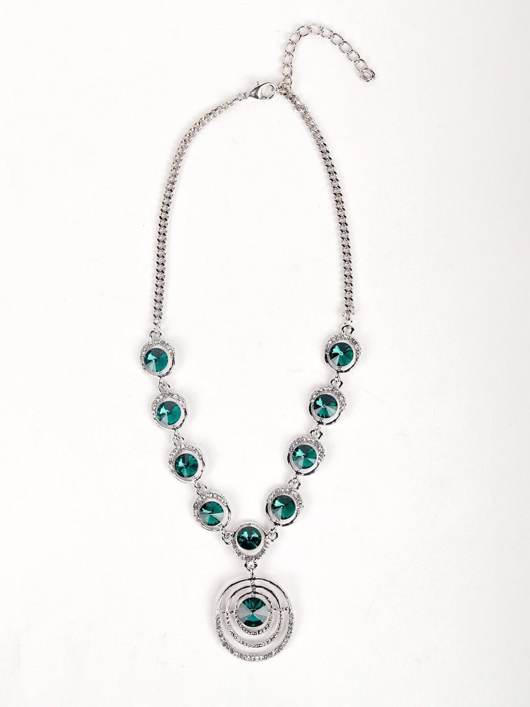 

ODETTE Silver-Toned & Green Rhinestones Necklace