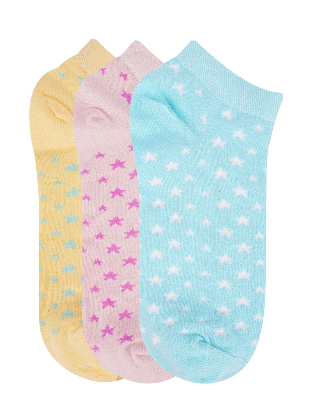 

N2S NEXT2SKIN Pack of 3 Women Yellow Pink & Blue Cotton Star Pattern Socks