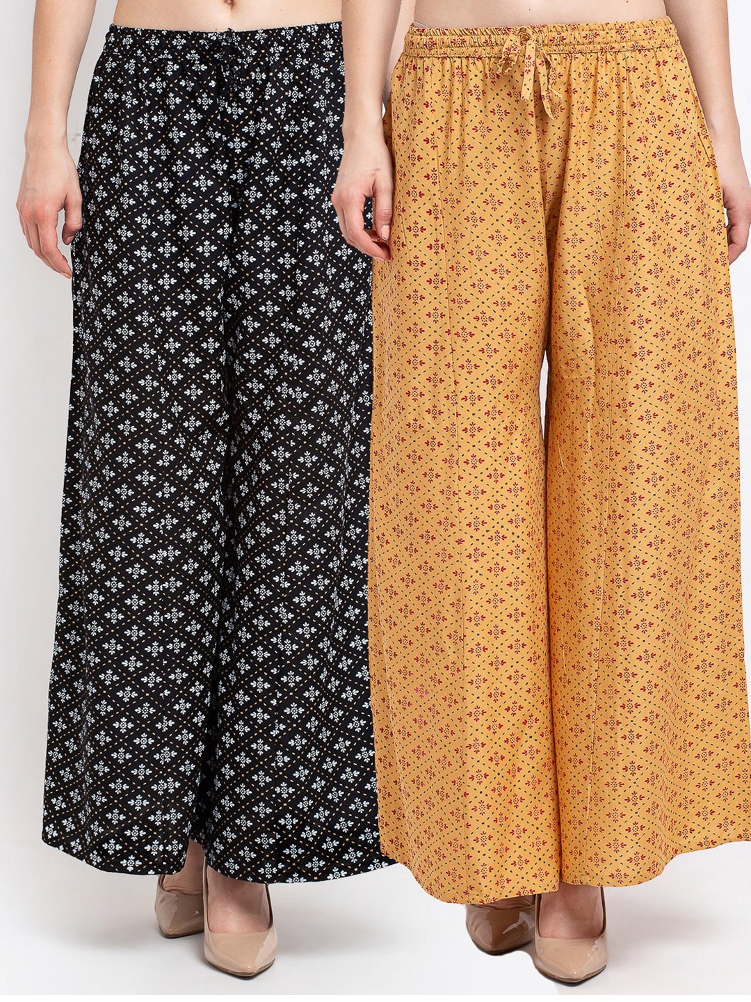 

GRACIT Women Pack Of 2 Black & Beige Floral Printed Knitted Palazzos