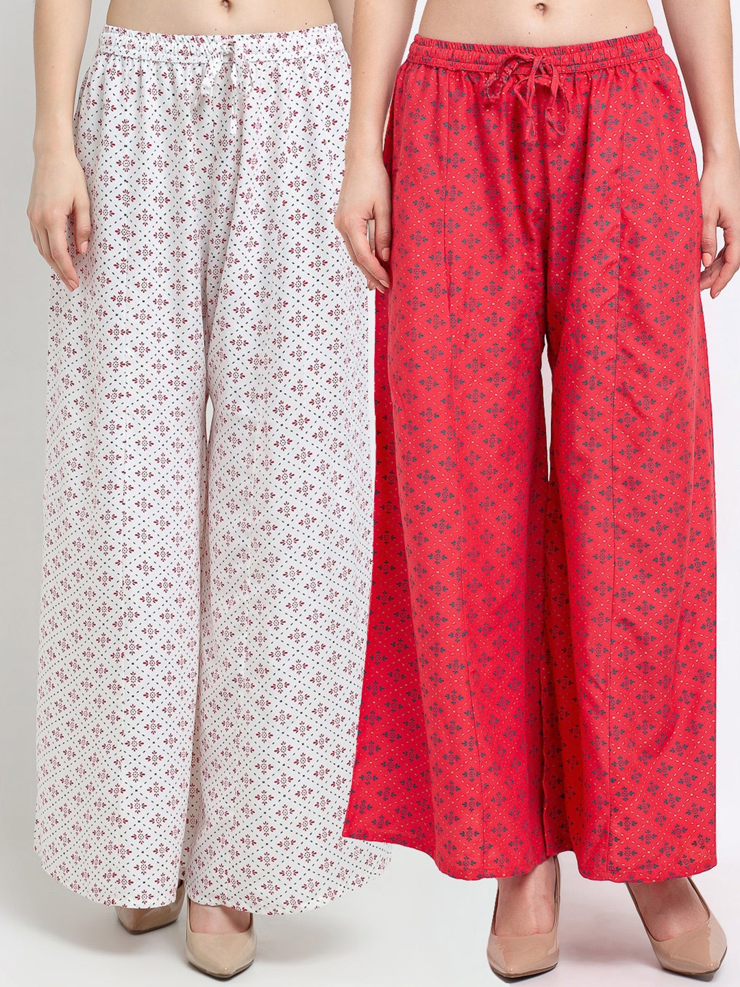 

GRACIT Women Pack Of 2 White & Red Floral Printed Knitted Palazzos