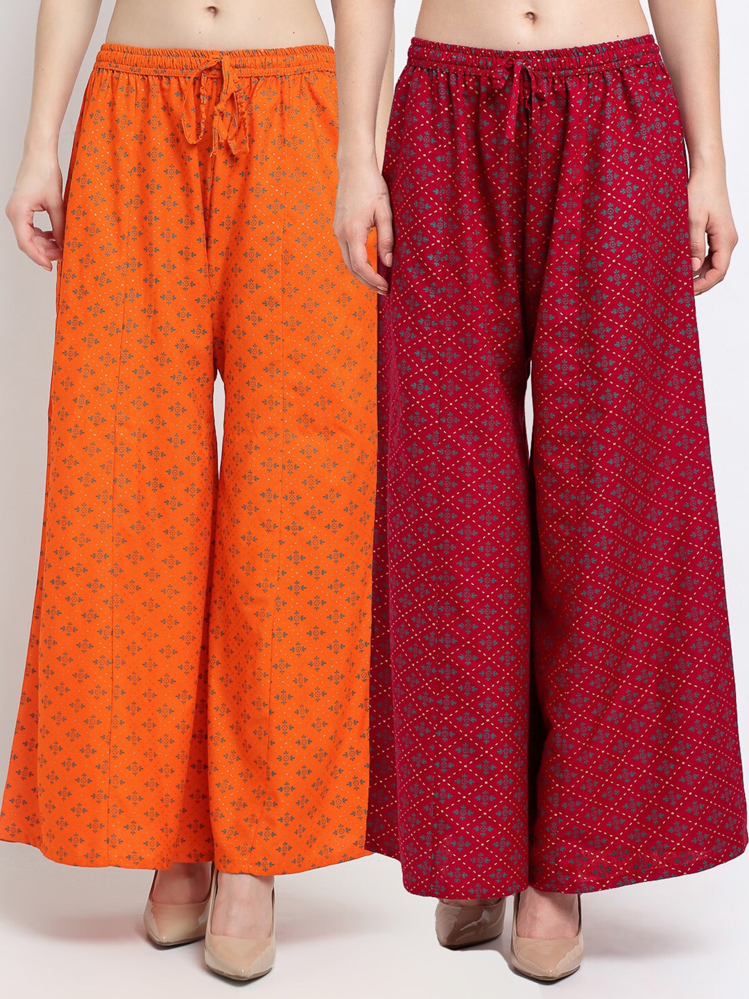 

GRACIT Women Pack Of 2 Orange & Maroon Floral Printed Knitted Palazzos