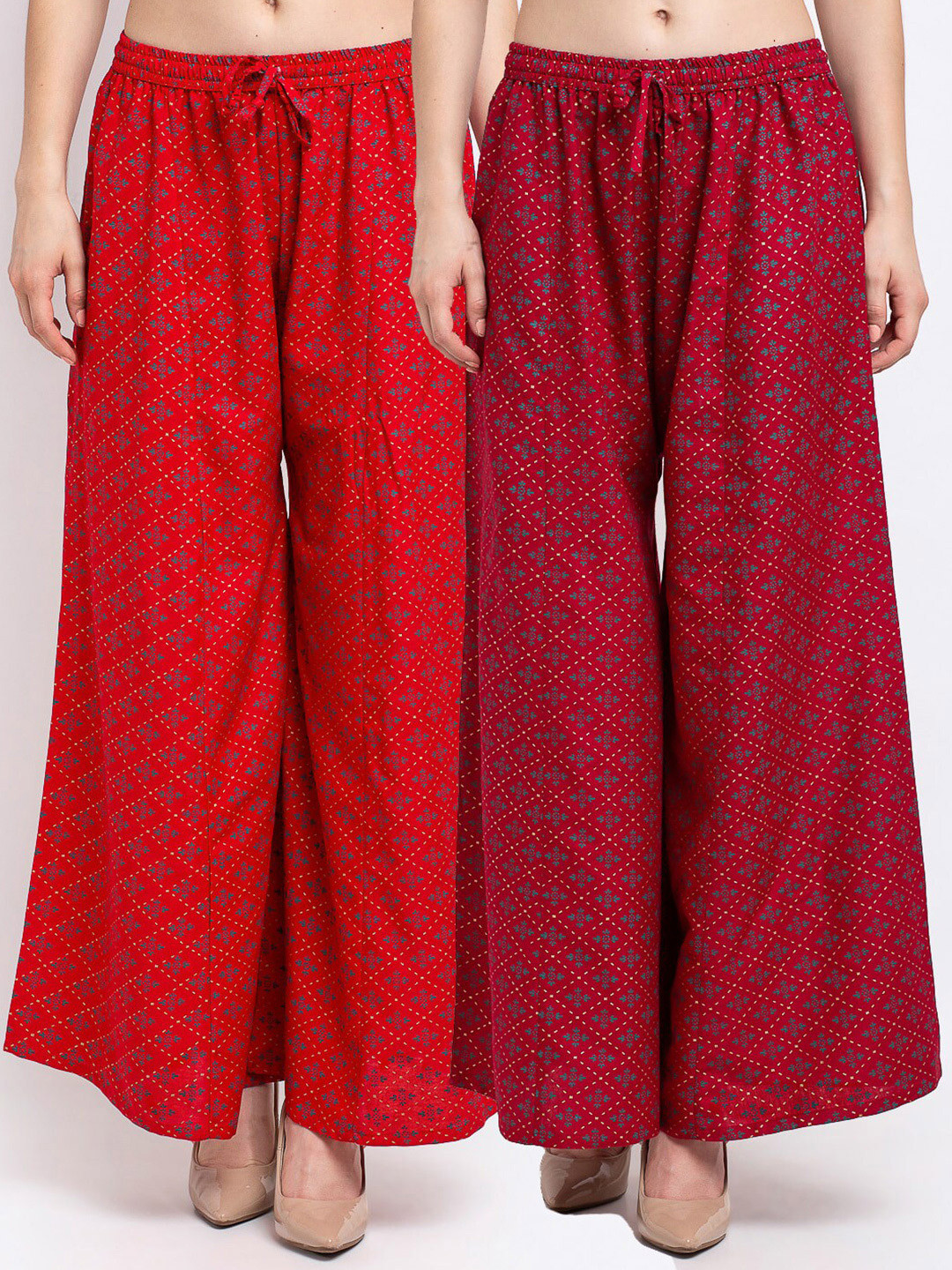 

GRACIT Women Pack of 2 Red & Maroon Floral Printed Knitted Palazzos