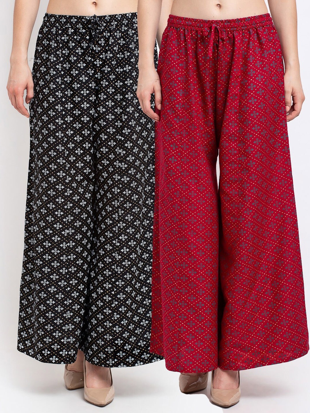 

GRACIT Set-2 Women Black & Maroon Floral Printed Knitted Palazzos