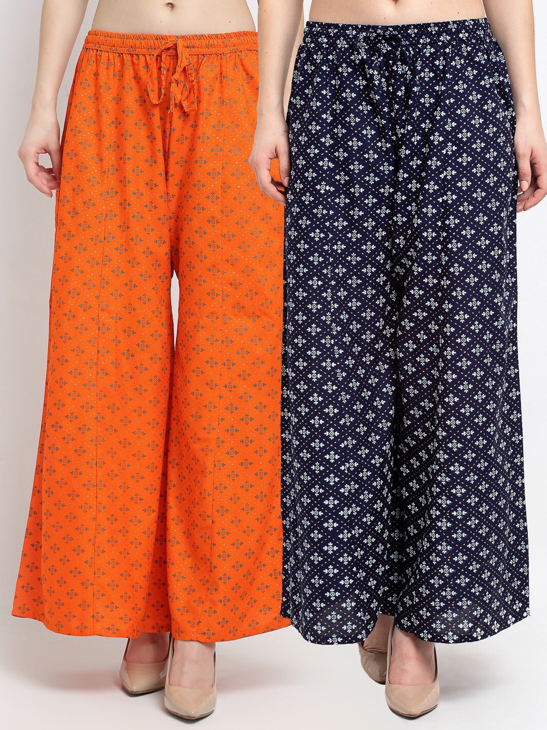 

GRACIT Women Pack Of 2 Orange & Navy Blue Floral Printed Knitted Palazzos