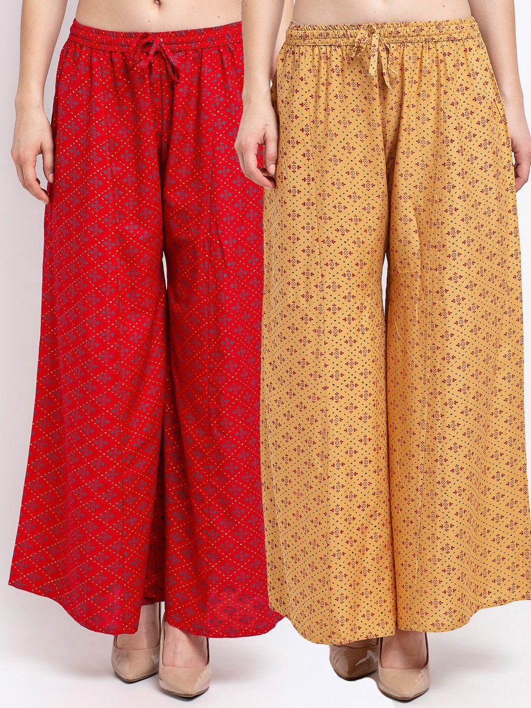 

GRACIT Women Pack Of 2 Red & Beige Floral Printed Knitted Palazzos