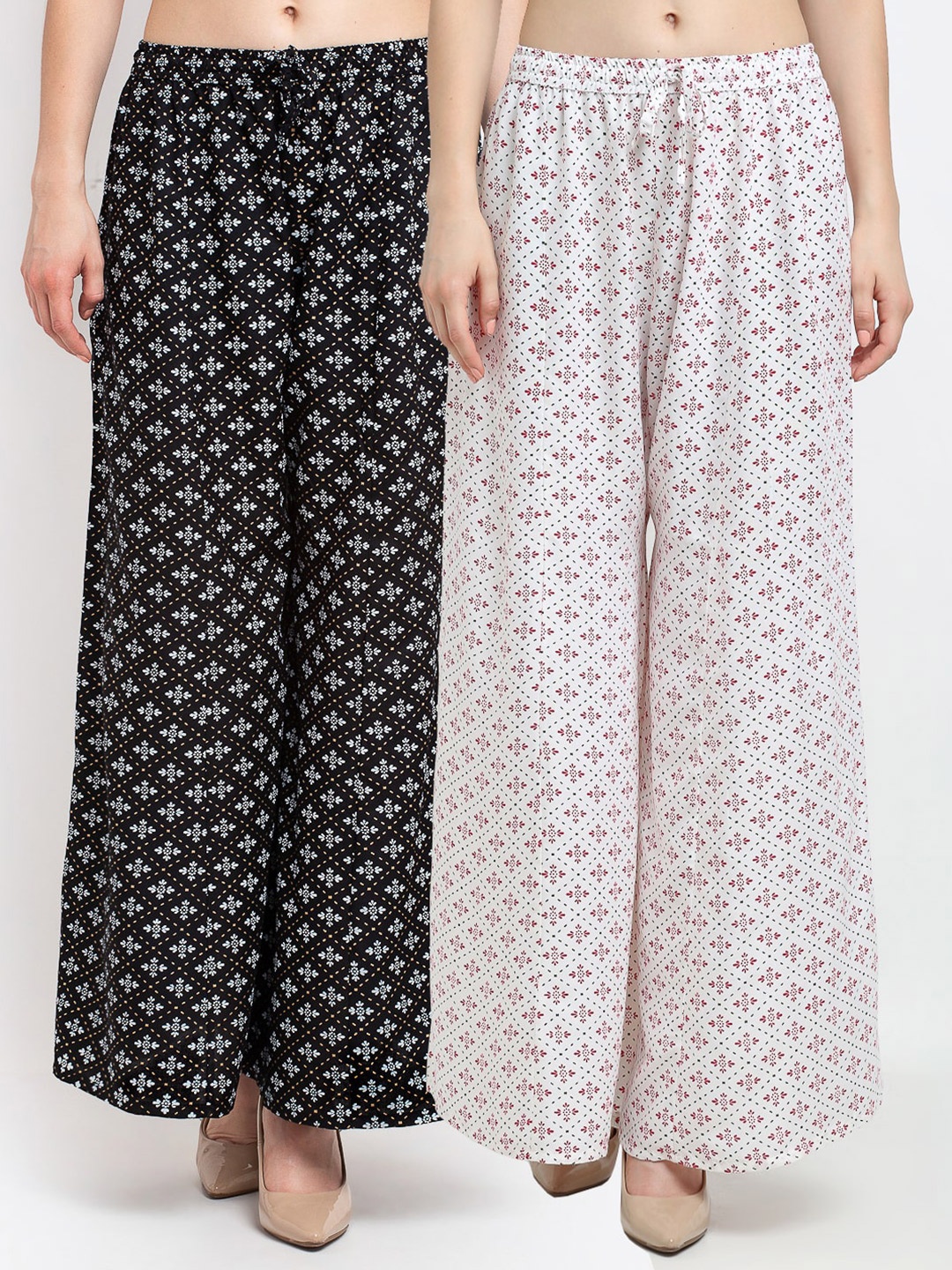 

GRACIT Women Pack of 2 Printed Knitted Palazzos, Black