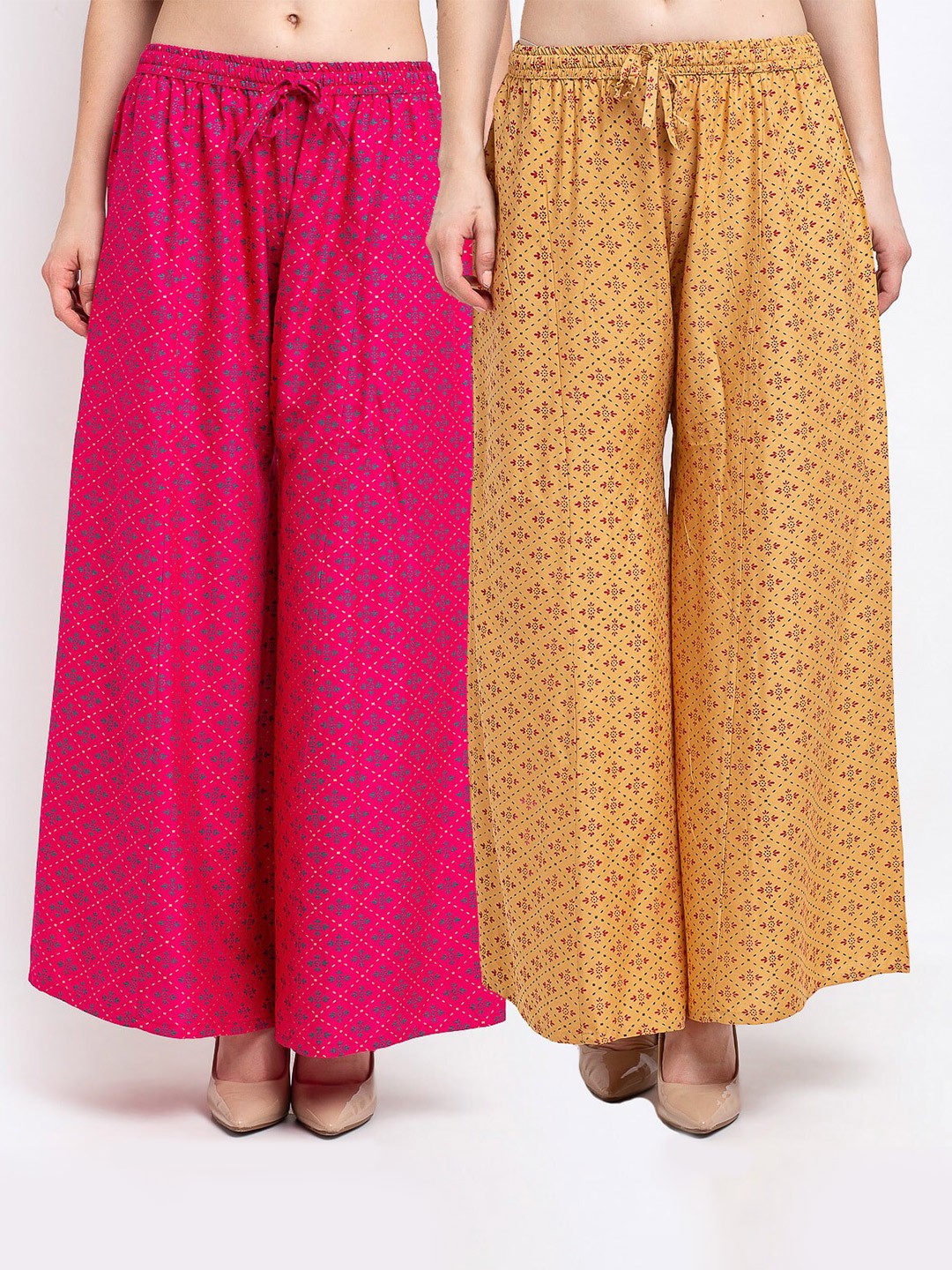 

GRACIT Set-2 Women Pink & Beige Floral Printed Knitted Palazzos