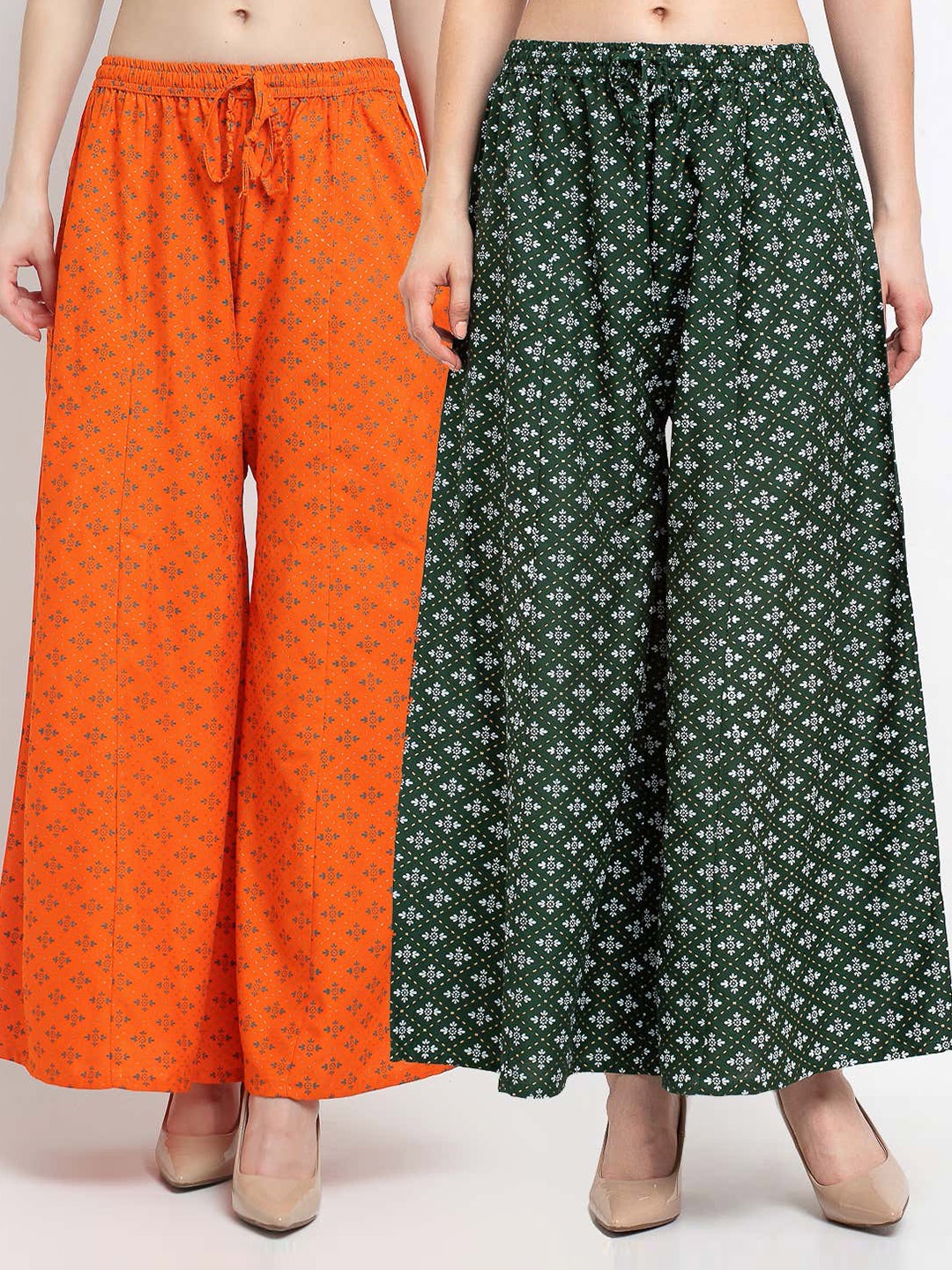 

GRACIT Women Orange & Green Set Of 2 Printed Knitted Palazzos