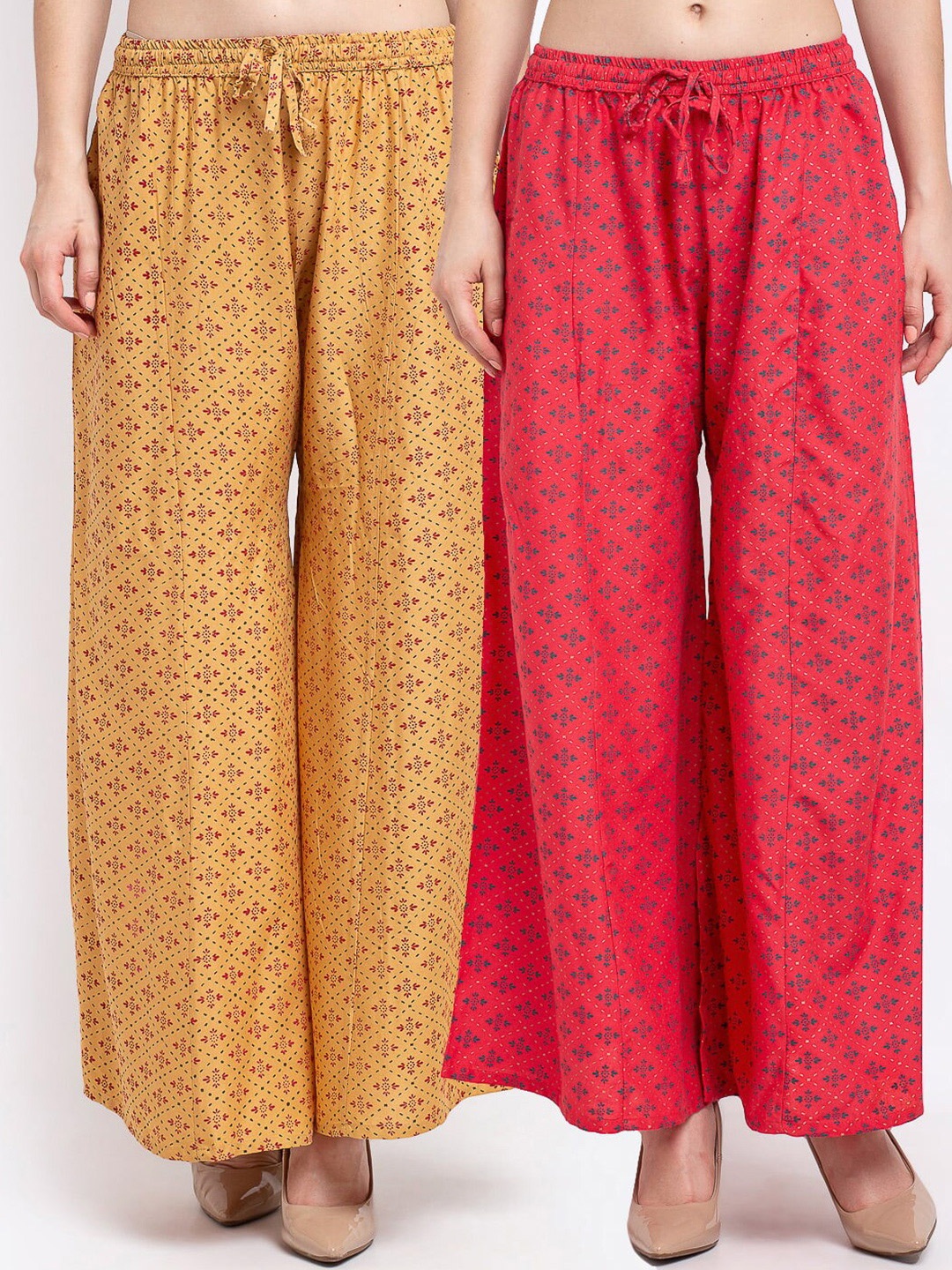 

GRACIT Women Pack Of 2 Beige & Red Floral Printed Knitted Palazzos