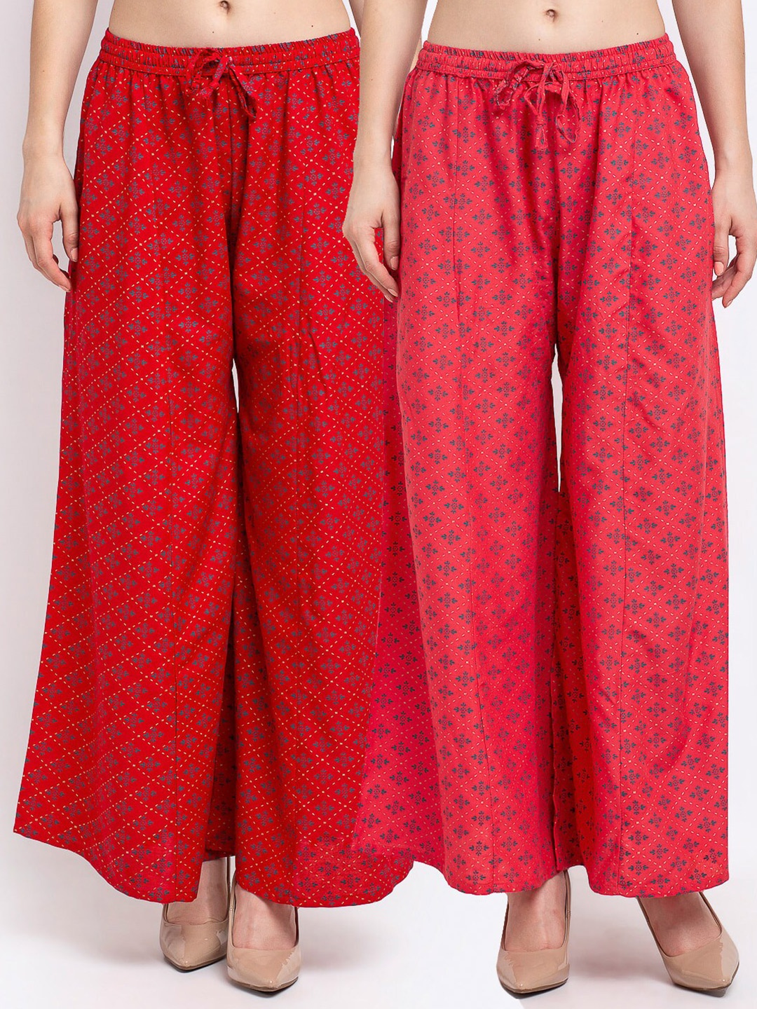 

GRACIT Women Pack of 2 Printed Knitted Palazzos, Red